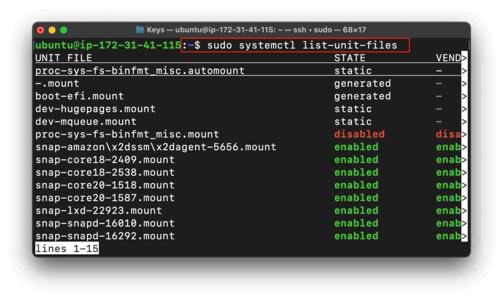サービス状態確認コマンドの実行画面