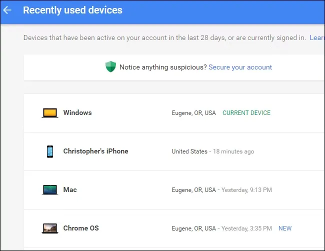 Googleアカウントで同じデバイスに複数のログインセッションが表示される例